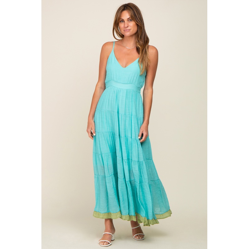 Aqua V-Neck Colorblocked Tiered Maxi Dress