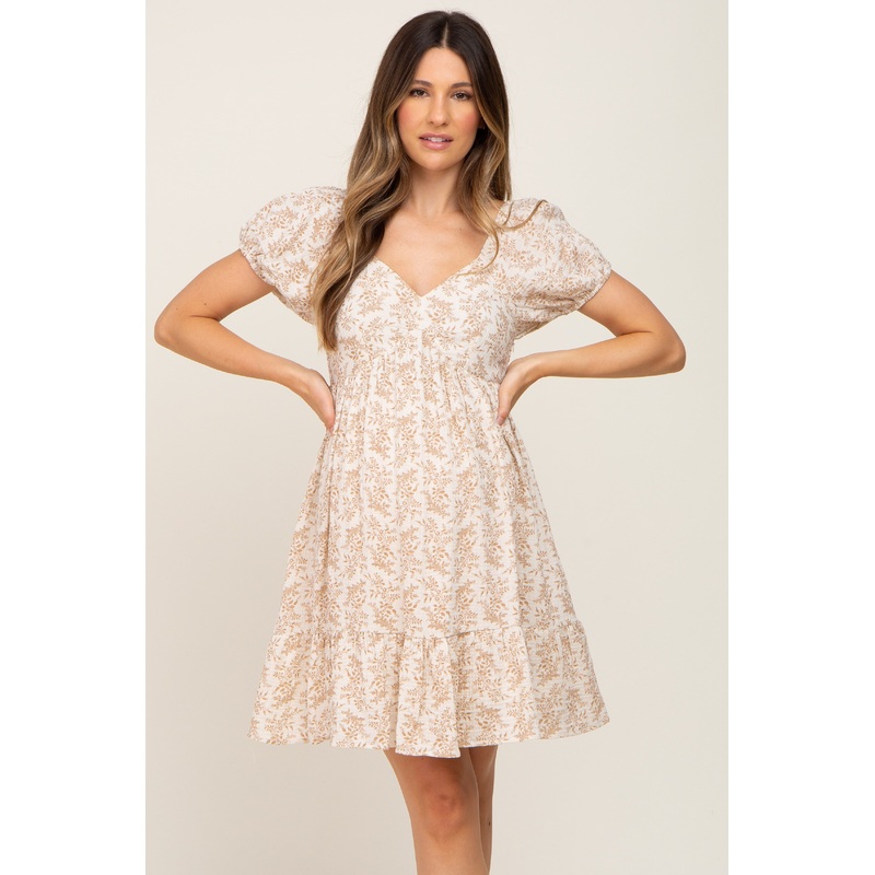 Beige Floral Gauze Short Puff Sleeve Maternity Mini Dress