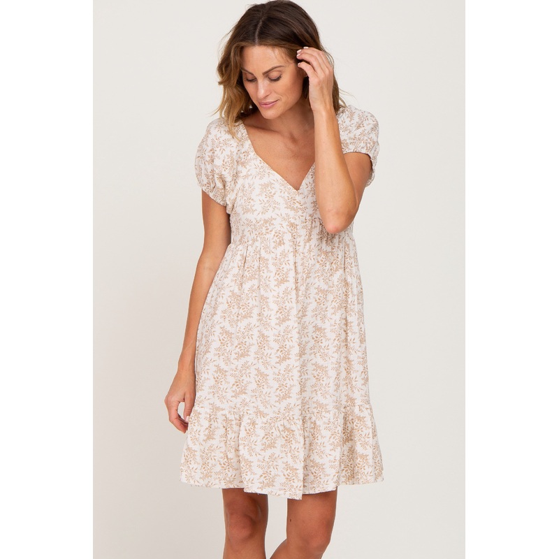 Beige Floral Gauze Short Puff Sleeve Mini Dress