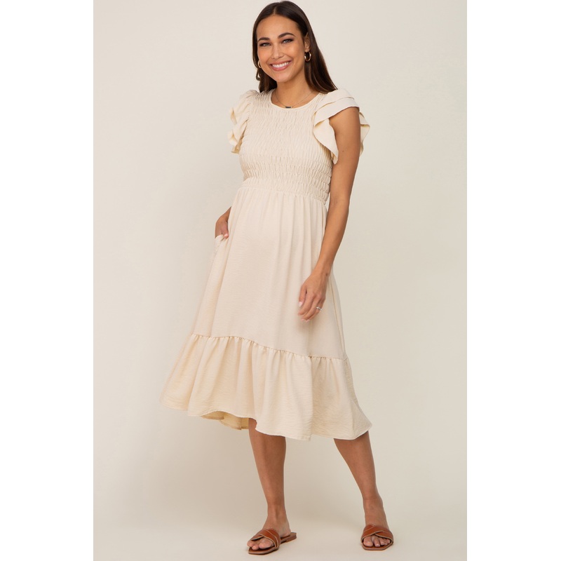 Beige Smocked Layered Ruffle Flutter Sleeve Maternity Midi Dress