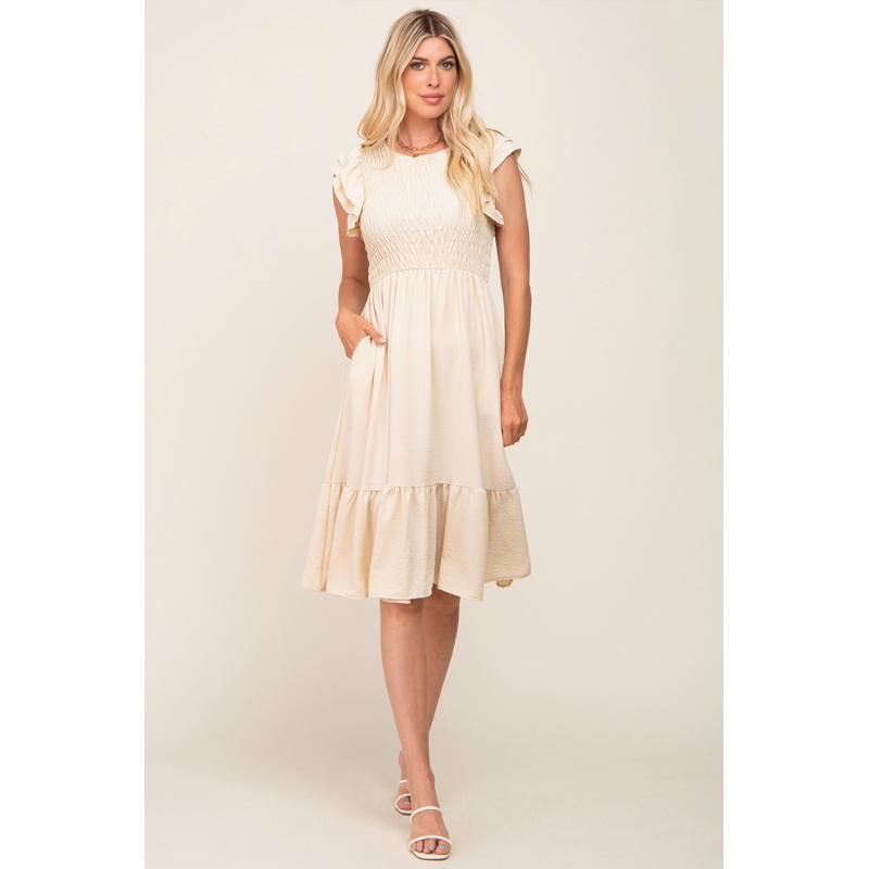 Beige Smocked Layered Ruffle Flutter Sleeve Midi Dress