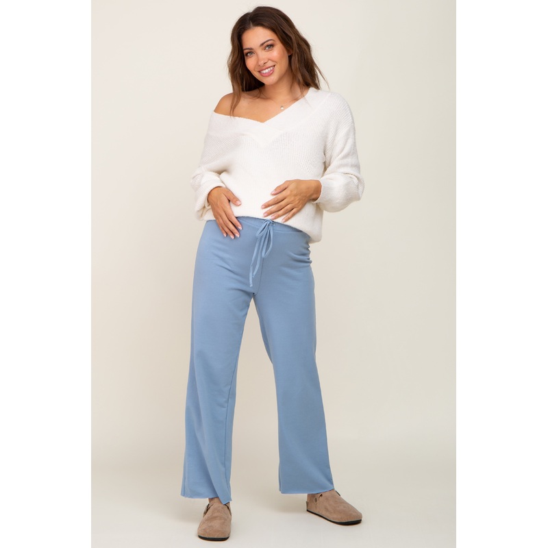 Blue Basic Drawstring Waist Maternity Lounge Pants