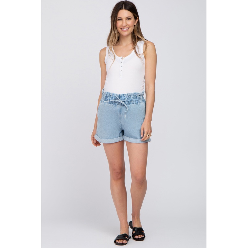 Light Denim Smocked Waist Maternity Shorts