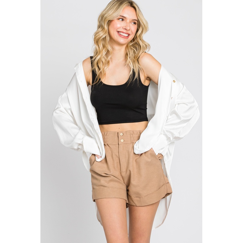 Mocha Smocked Waist Linen Shorts