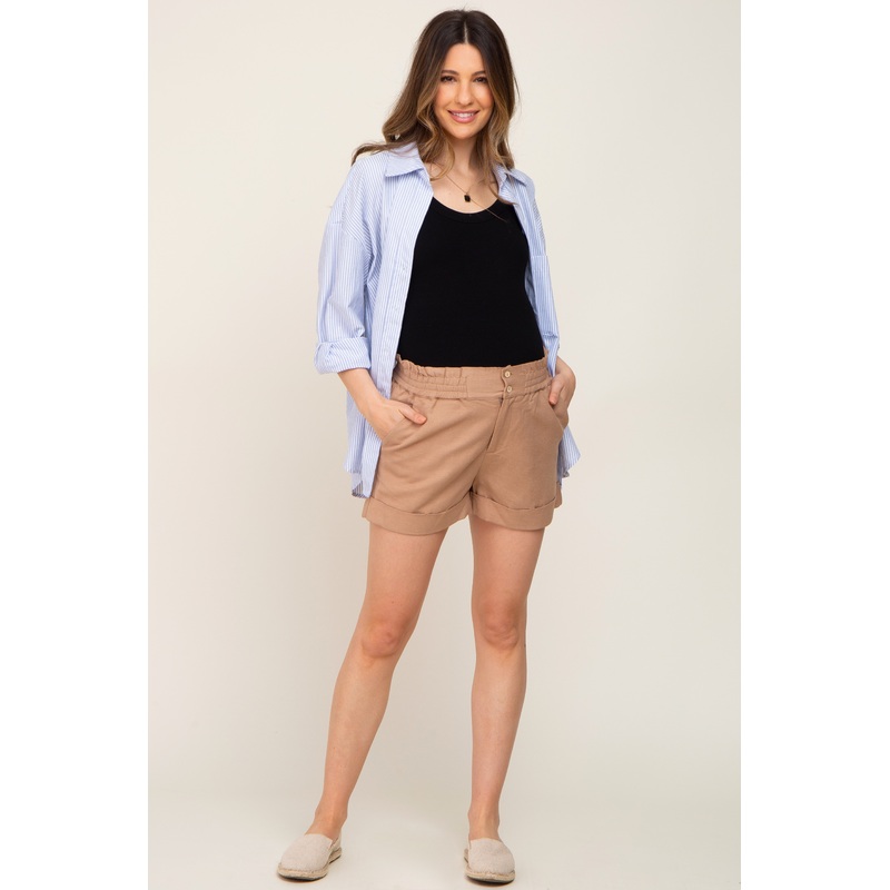 Mocha Smocked Waist Maternity Linen Shorts
