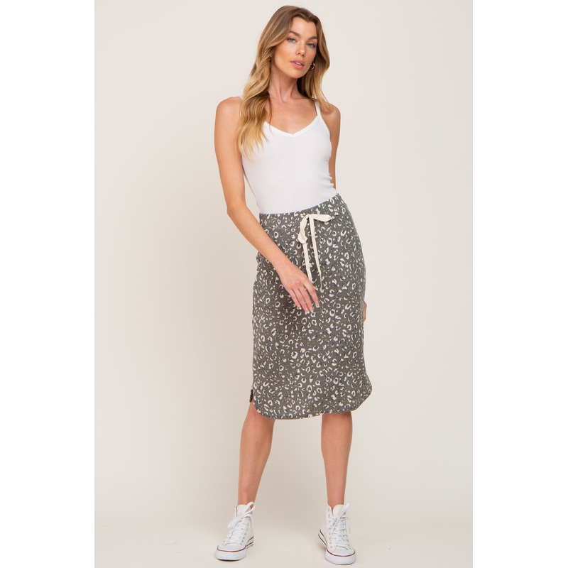 Olive Animal Print Front Tie Accent Skirt
