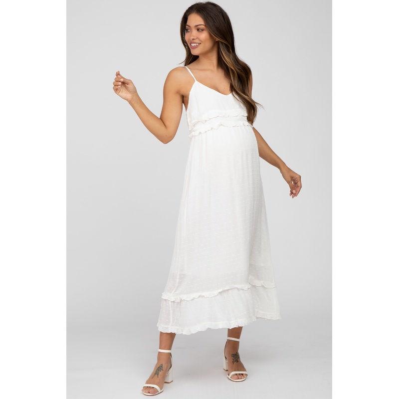 White Swiss Dot Ruffle Accent Maternity Maxi Dress
