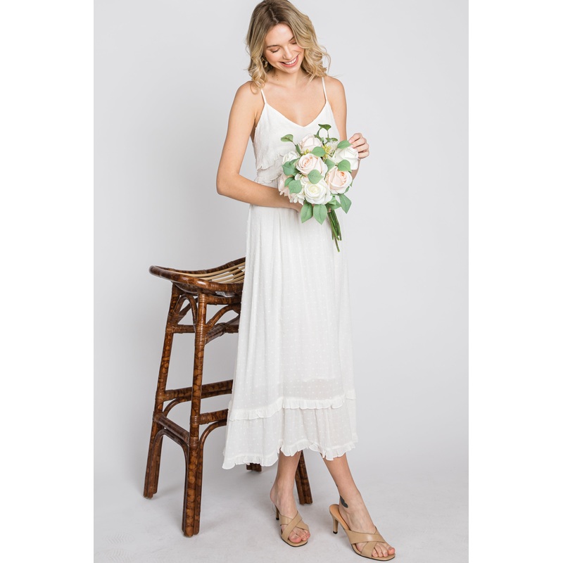 White Swiss Dot Ruffle Accent Maxi Dress