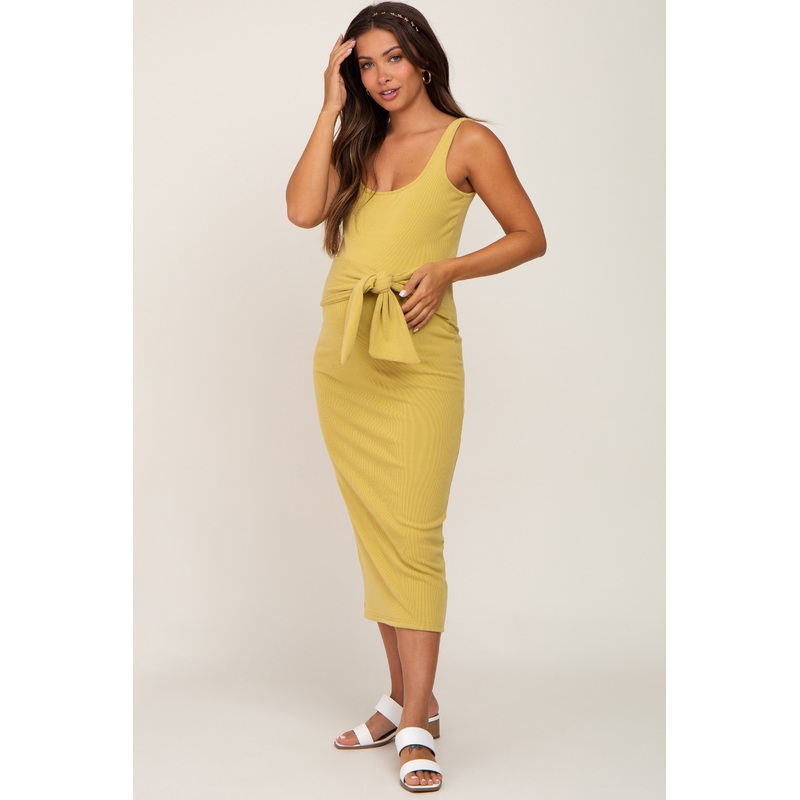 Yellow Brushed Ribbed Front Tie Maternity Midi Dress