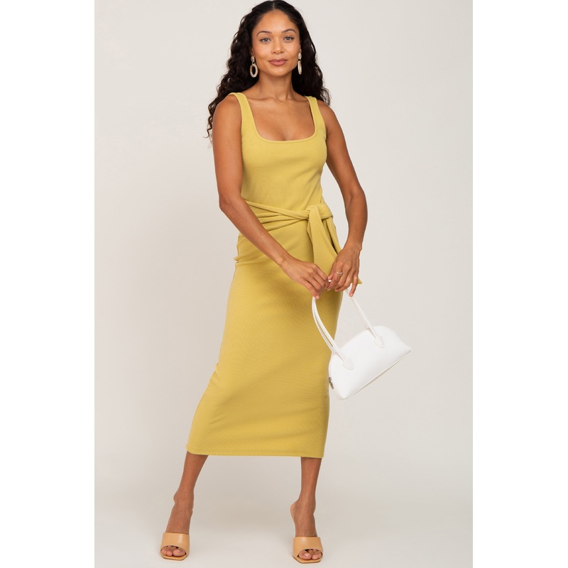 Yellow Brushed Ribbed Front Tie Midi Dress