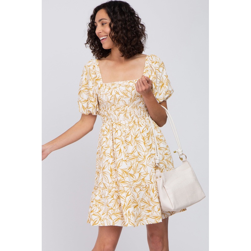 Yellow Leaf Print Smocked Dress