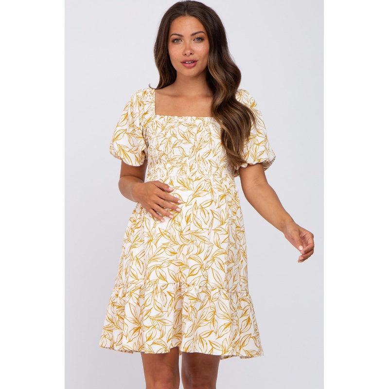 Yellow Leaf Print Smocked Maternity Dress