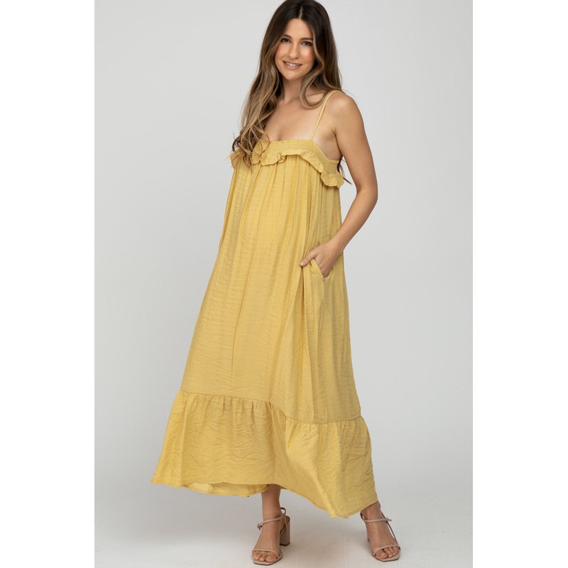 Yellow Square Neck Back Tie Maternity Midi Dress