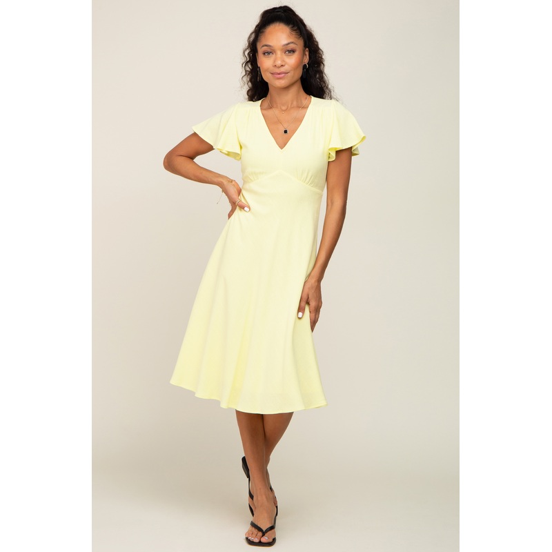 Yellow V-Neck Short Ruffle Sleeve Linen Dress