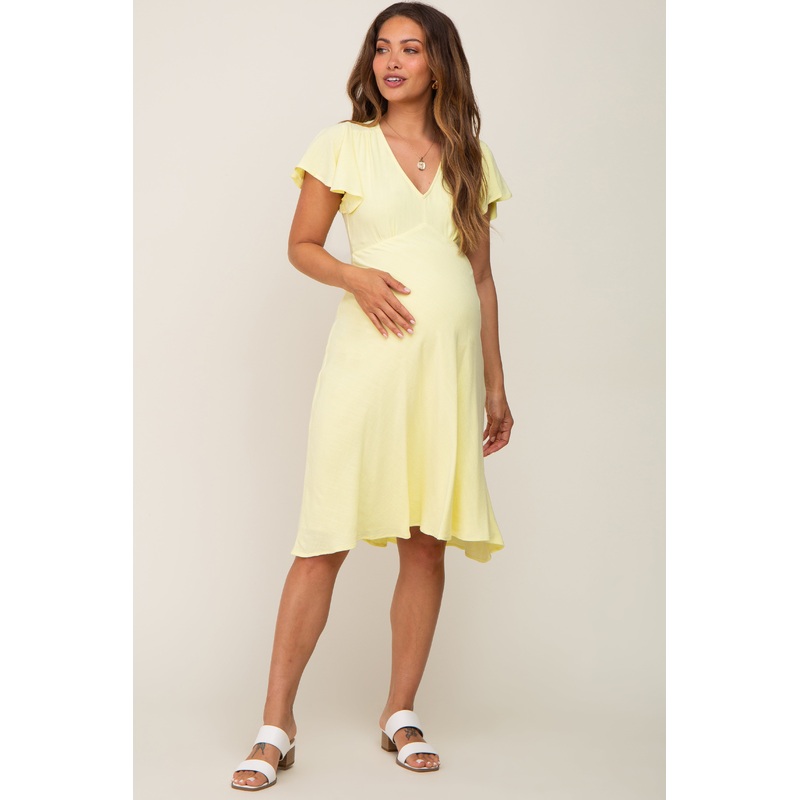 Yellow V-Neck Short Ruffle Sleeve Linen Maternity Dress