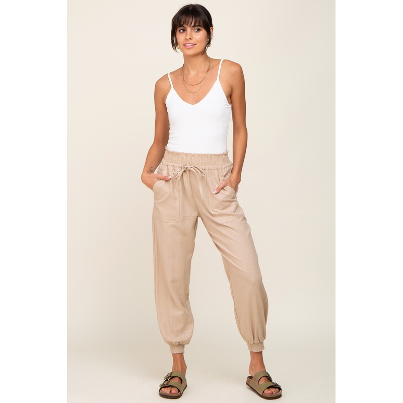 Beige Smocked Joggers