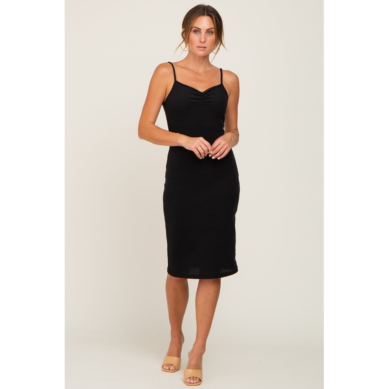 Black Brushed Sleeveless Sweetheart Neck Dress