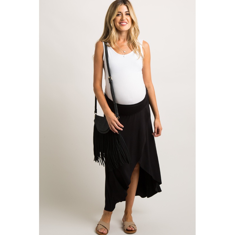 Black Hi-Low Maternity Wrap Skirt