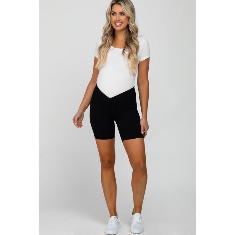 Black Ribbed V-Front Maternity Shorts