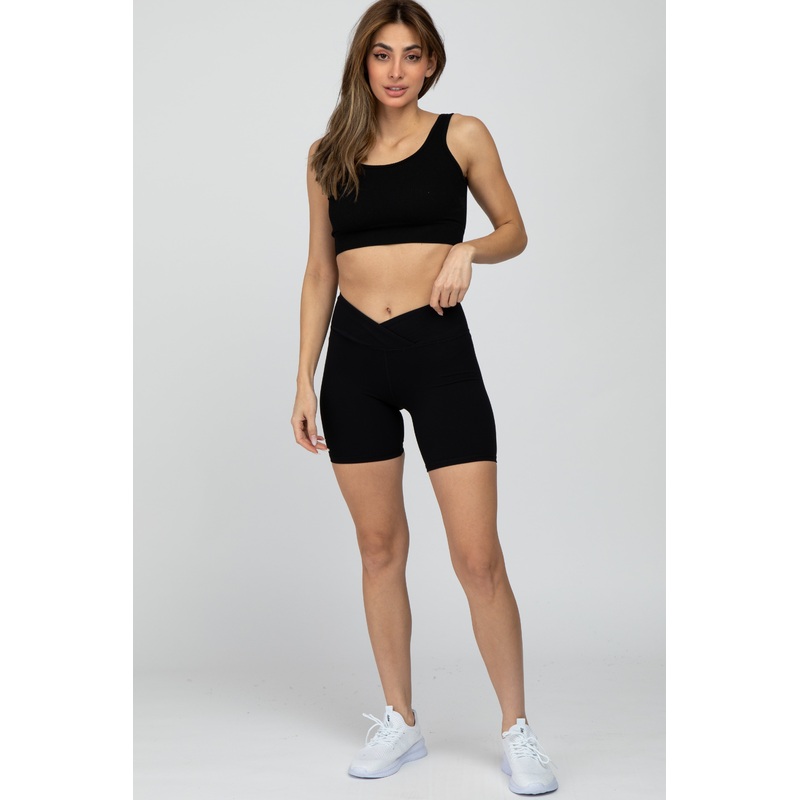 Black Ribbed V-Front Shorts