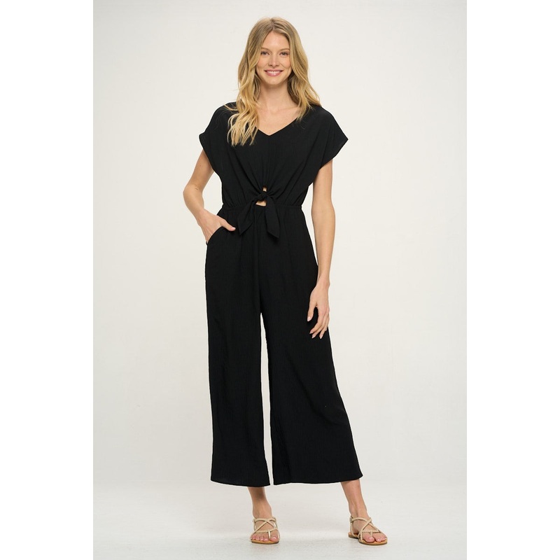 Black Short Sleeves V Neck Front Tie Woven Jumpsuit