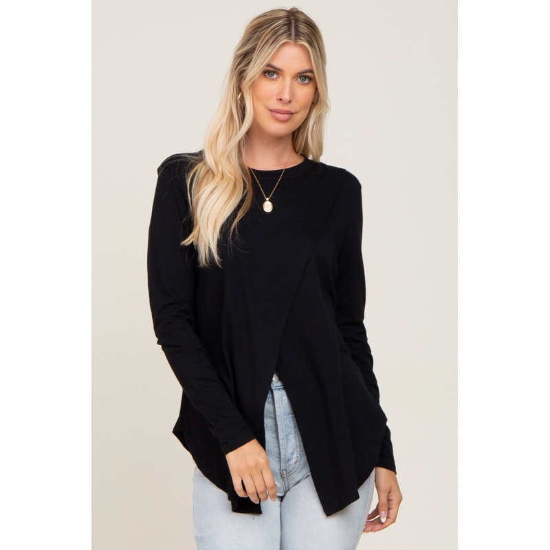 Black Solid Front Overlap Long Sleeve Top