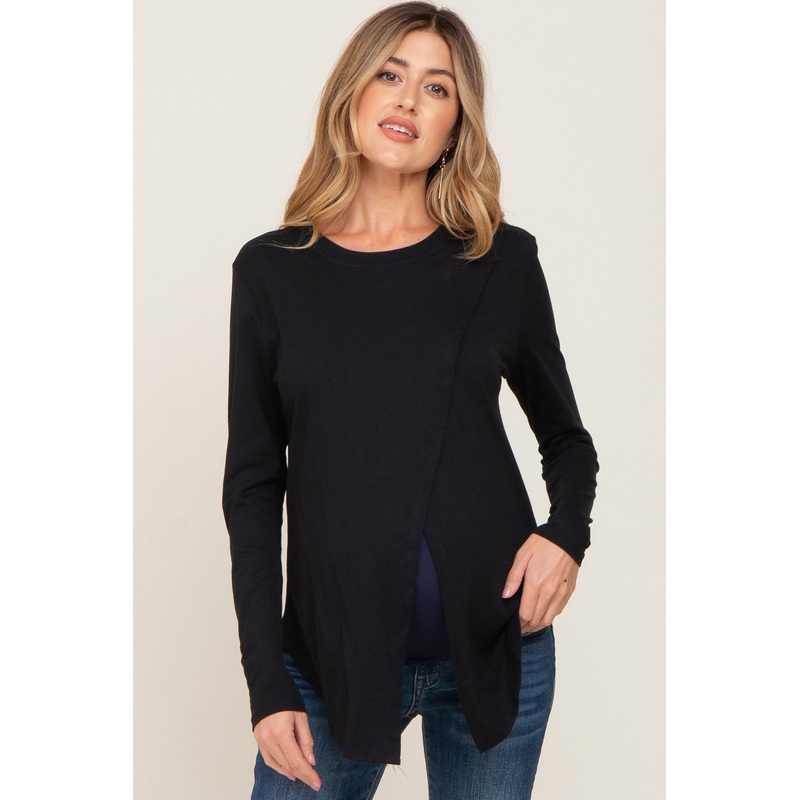 Black Solid Front Overlap Maternity Long Sleeve Top
