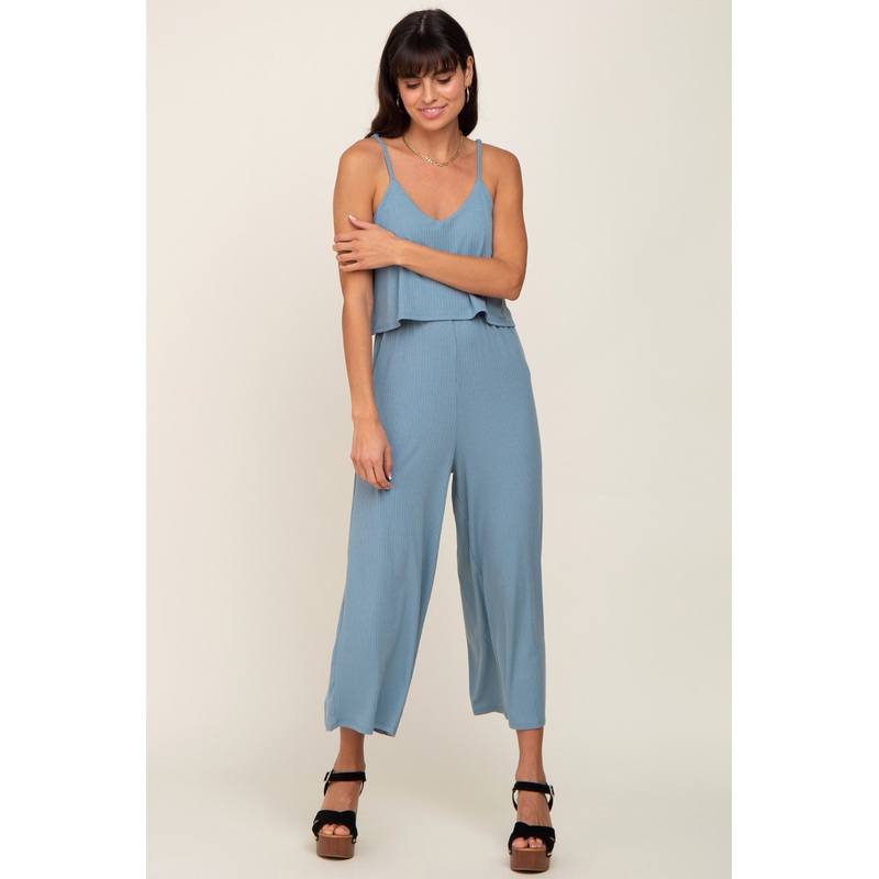 Blue Ribbed Double Layer Cropped Jumpsuit