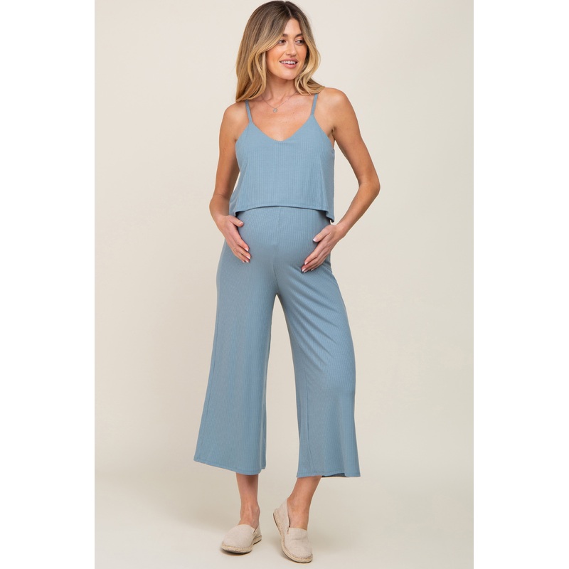 Blue Ribbed Double Layer Cropped Maternity Jumpsuit