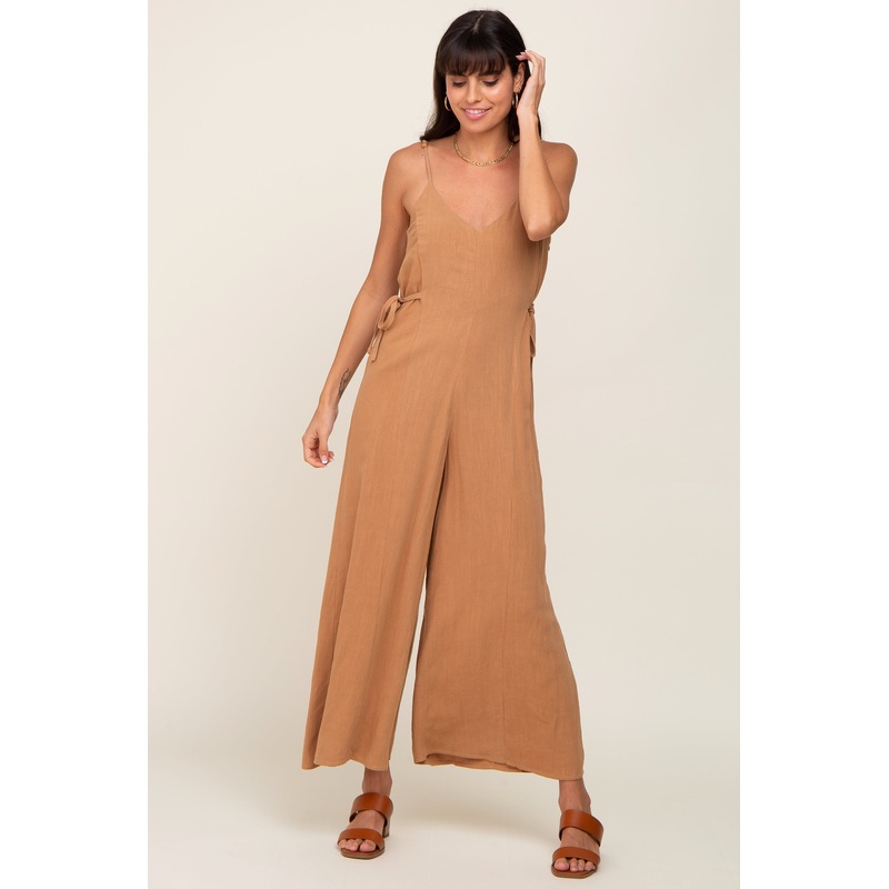 Camel Linen Criss Cross Back Side Tie Wide Leg Jumpsuit