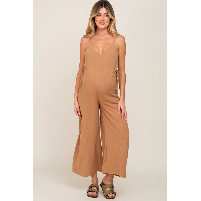 Camel Linen Criss Cross Back Side Tie Wide Leg Maternity Jumpsuit