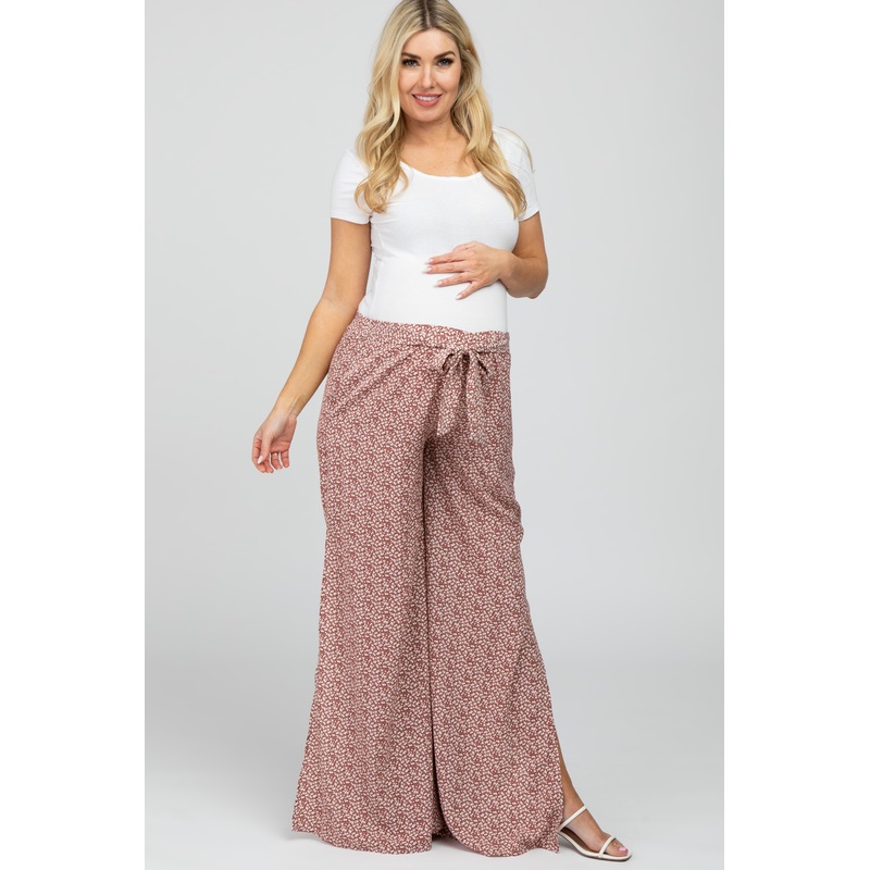 Dark Mauve Ditsy Floral Side Slit Maternity Pants