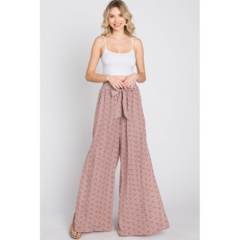 Dark Mauve Ditsy Floral Side Slit Pants