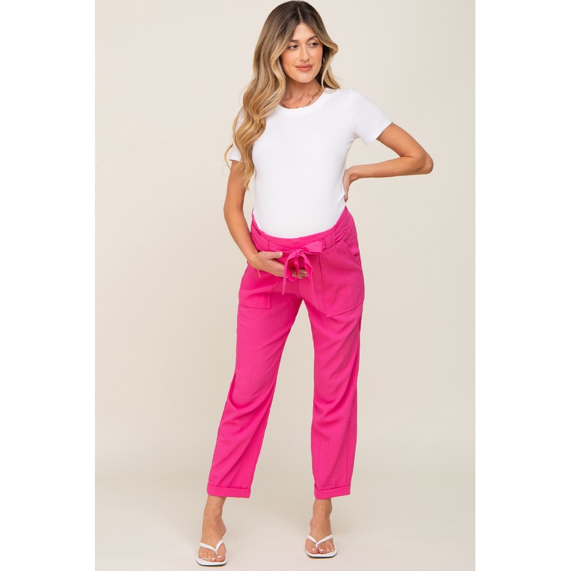 Fuchsia Paper Bag Waist Cropped Maternity Pants