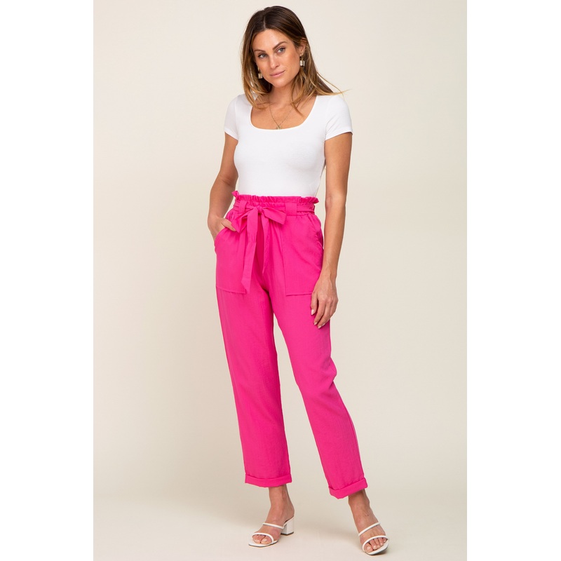 Fuchsia Paper Bag Waist Cropped Pants