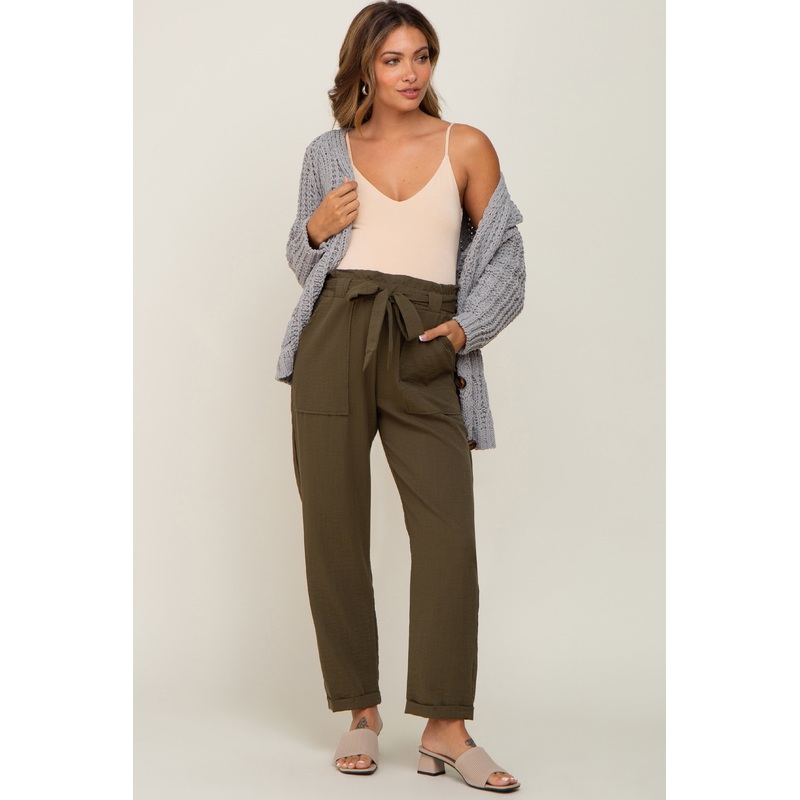 Olive Paper Bag Waist Cropped Maternity Pants
