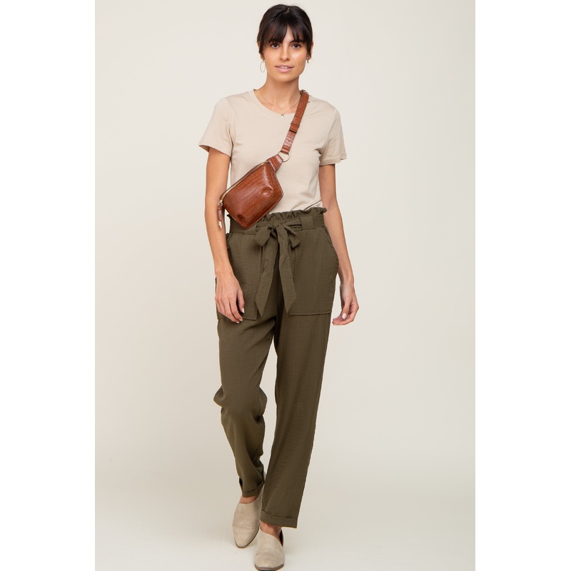 Olive Paper Bag Waist Cropped Pants