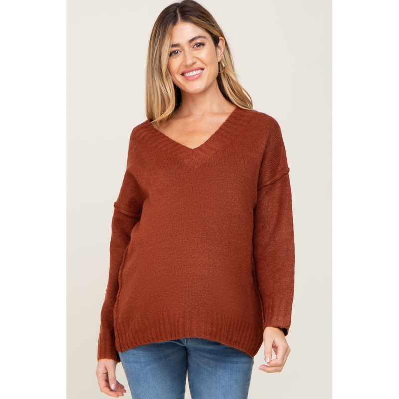 Rust V-Neck Brushed Knit Maternity Sweater