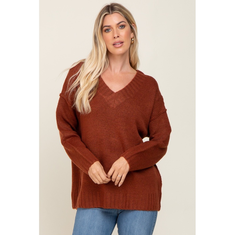 Rust V-Neck Brushed Knit Sweater
