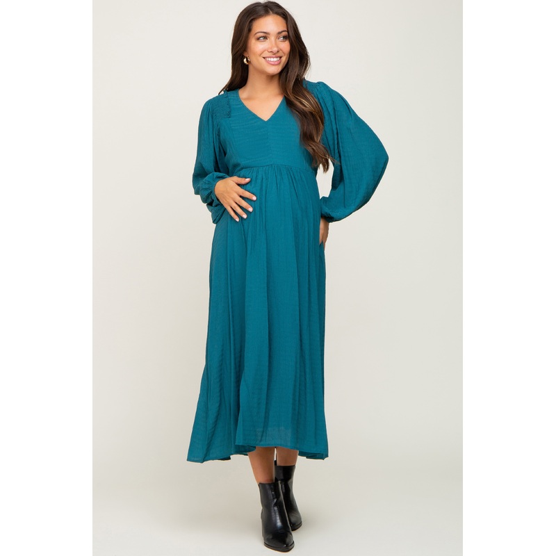 Teal V-Neck Smocked Accent Maternity Maxi Dress