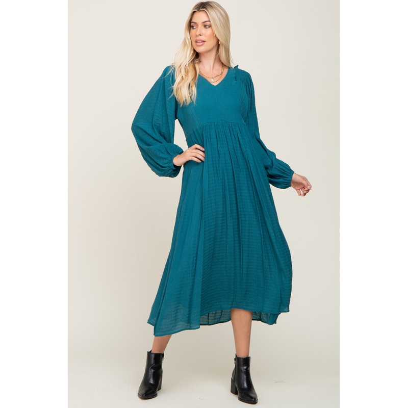 Teal V-Neck Smocked Accent Maxi Dress
