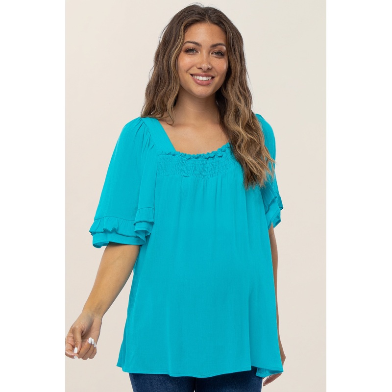 Turquoise Square Smocked Neck Ruffle Sleeve Maternity Top