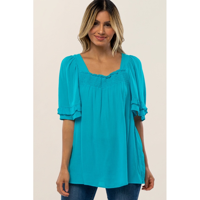 Turquoise Square Smocked Neck Ruffle Sleeve Top