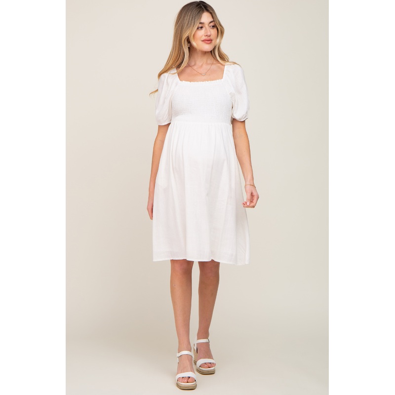 White Smocked Short Sleeve Linen Maternity Midi Dress