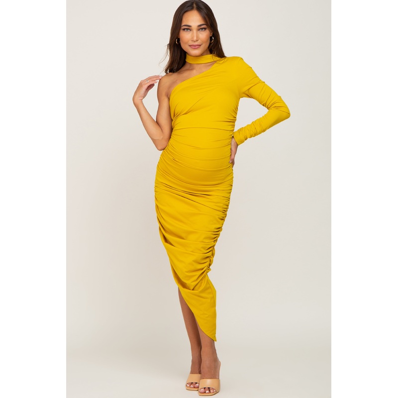Yellow Asymmetric Maternity Ruched Fitted Dress