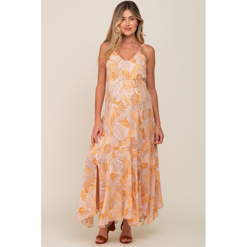 Yellow Palm Print Front Tie Maternity Maxi Dress