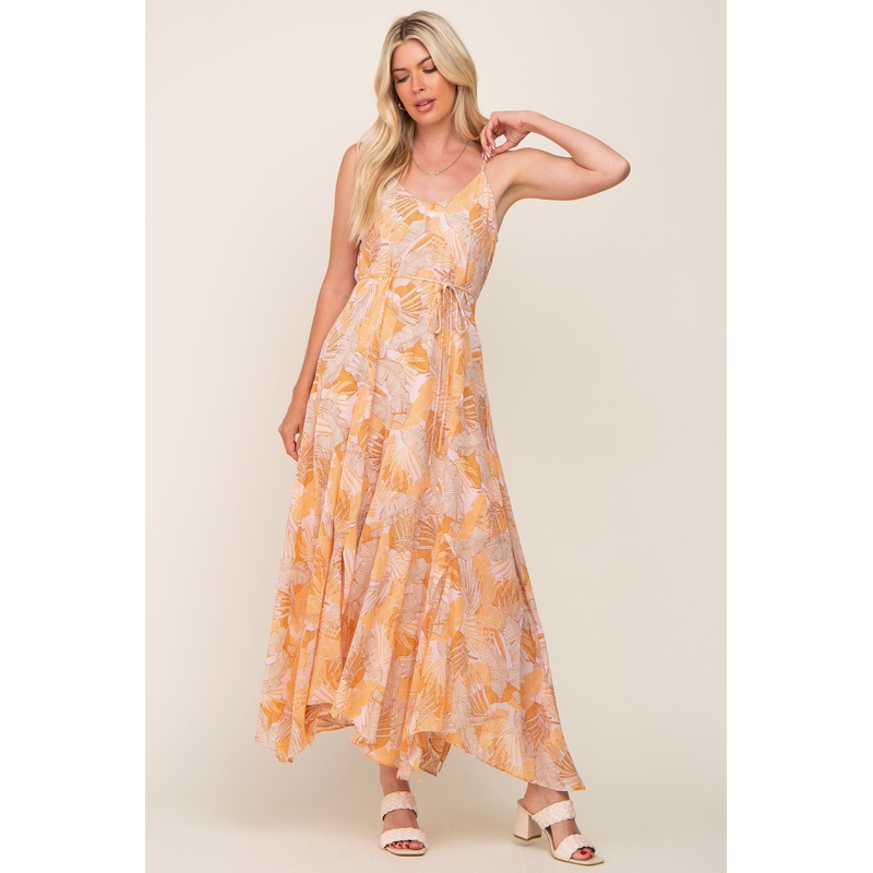 Yellow Palm Print Front Tie Maxi Dress