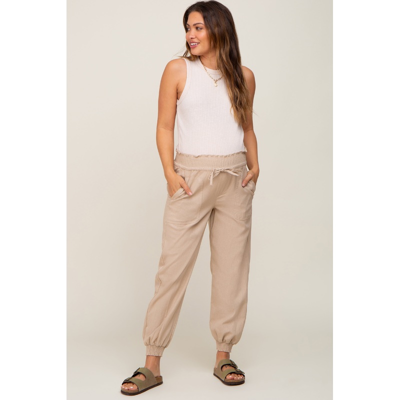 Beige Smocked Maternity Joggers
