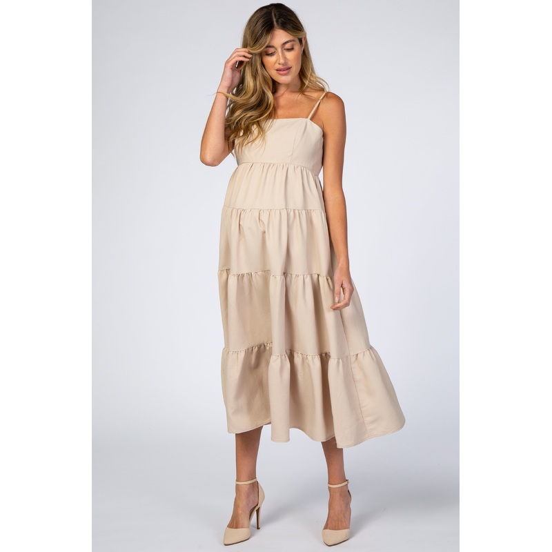 Beige Straight Neck Pleated Tier Back Tie Maternity Midi Dress