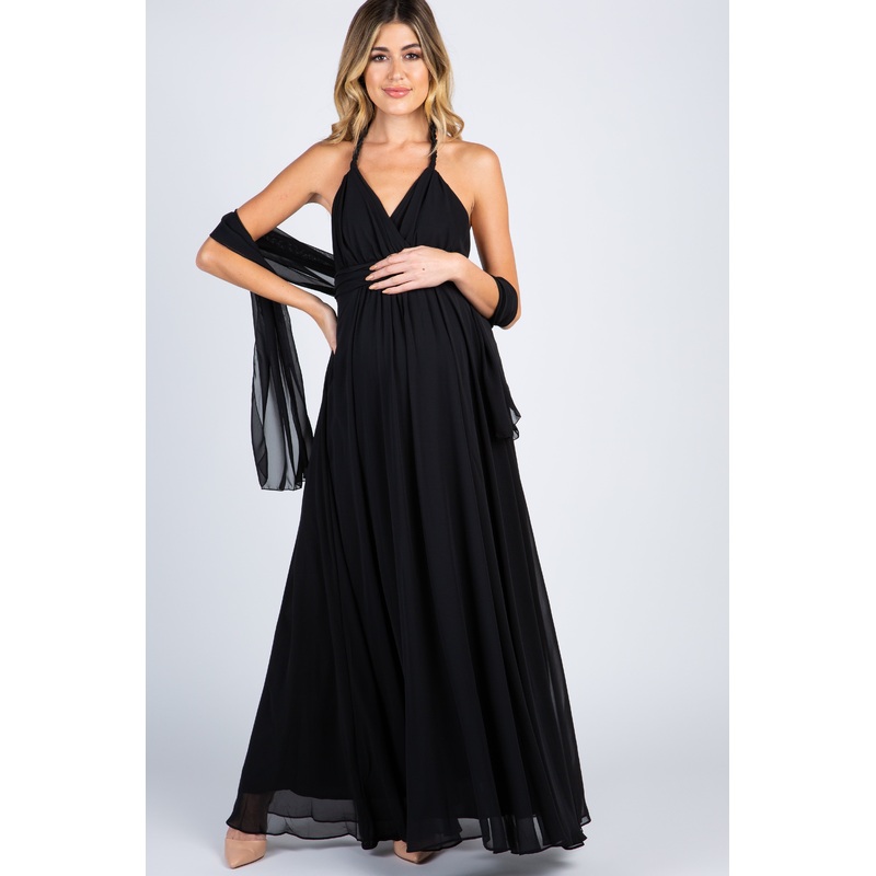 Black Chiffon Halter Tie Back Maternity Evening Gown